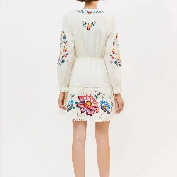 Farm Rio - Macaw Cross Stitch Embroidered Mini Dress-Off White Size S