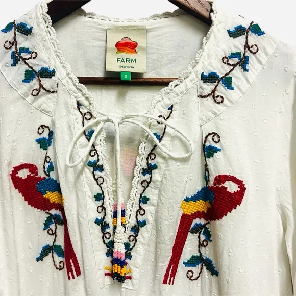 Farm Rio - Macaw Cross Stitch Embroidered Mini Dress-Off White Size S