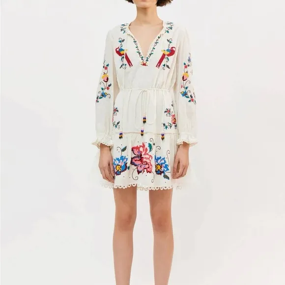 Farm Rio - Macaw Cross Stitch Embroidered Mini Dress-Off White Size S