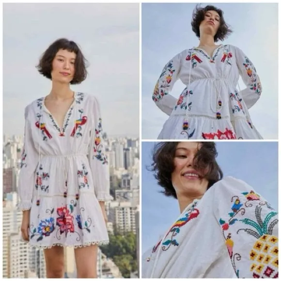 Farm Rio - Macaw Cross Stitch Embroidered Mini Dress-Off White Size S
