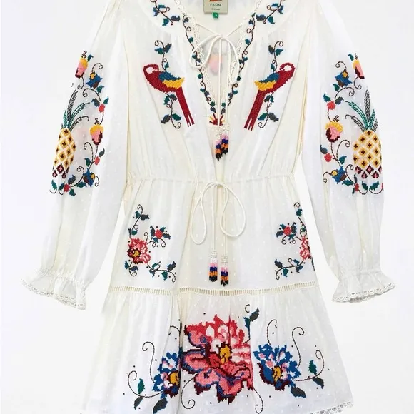 Farm Rio - Macaw Cross Stitch Embroidered Mini Dress-Off White Size S