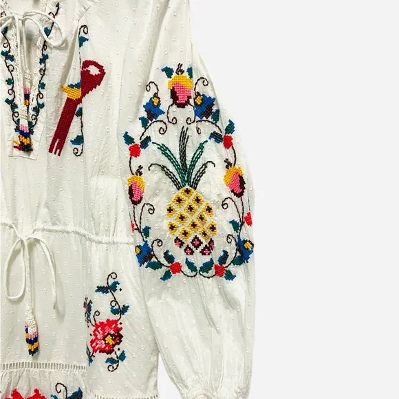 Farm Rio - Macaw Cross Stitch Embroidered Mini Dress-Off White Size S