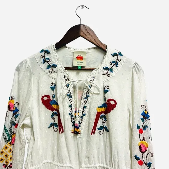 Farm Rio - Macaw Cross Stitch Embroidered Mini Dress-Off White Size S