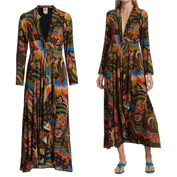 Farm Rio • Macaw Island Dress long sleeve maxi black cross stitch print