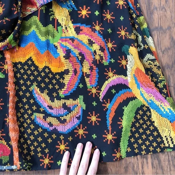 Farm Rio • Macaw Island Dress long sleeve maxi black cross stitch print