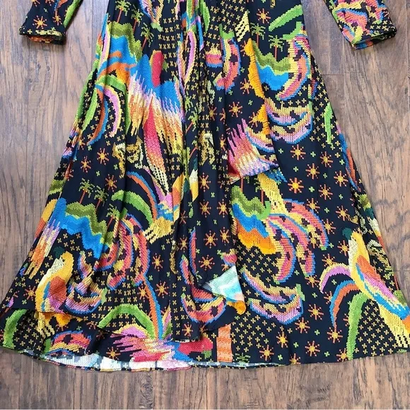 Farm Rio • Macaw Island Dress long sleeve maxi black cross stitch print