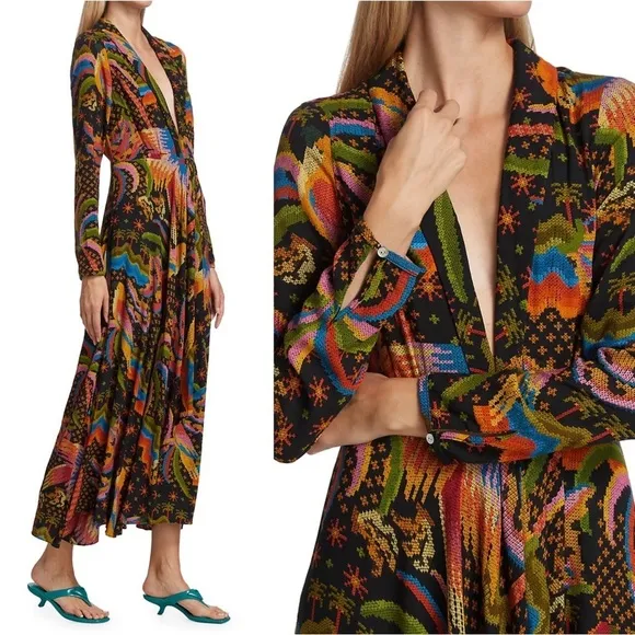Farm Rio • Macaw Island Dress long sleeve maxi black cross stitch print