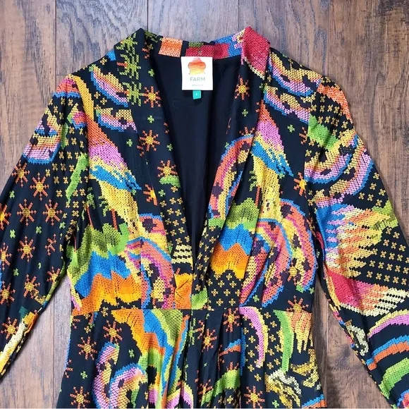 Farm Rio • Macaw Island Dress long sleeve maxi black cross stitch print