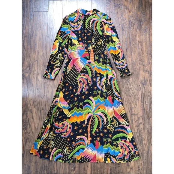 Farm Rio • Macaw Island Dress long sleeve maxi black cross stitch print