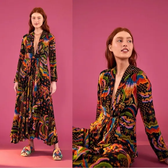 Farm Rio • Macaw Island Dress long sleeve maxi black cross stitch print