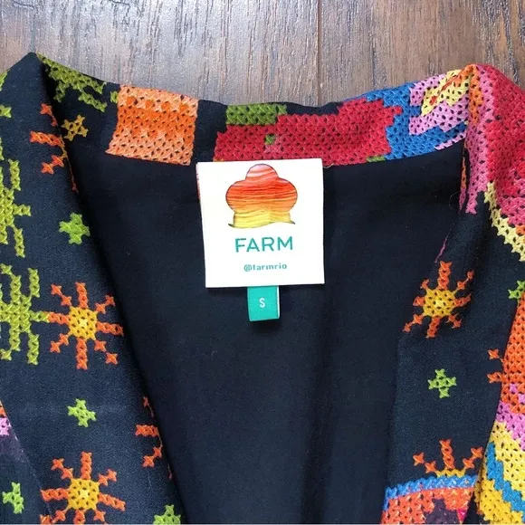 Farm Rio • Macaw Island Dress long sleeve maxi black cross stitch print
