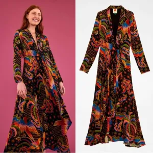 Farm Rio • Macaw Island Dress long sleeve maxi black cross stitch print