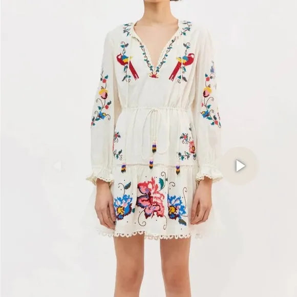 Farm Rio Macaw Stitch Embroidered White mini Dress  NWT