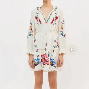 Farm Rio Macaw Stitch Embroidered White mini Dress  NWT