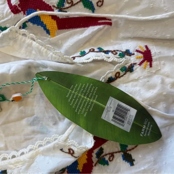 Farm Rio Macaw Stitch Embroidered White mini Dress  NWT