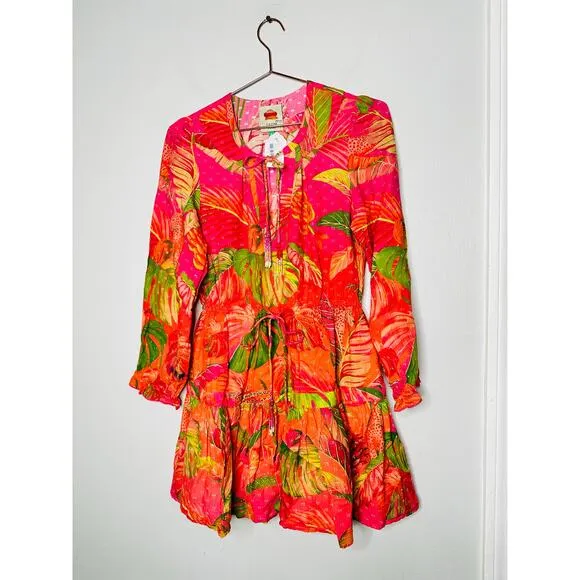 FARM RIO Pink Orange Floral Cotton A-Line Tie Waist Ombre Forest Mini Dress S