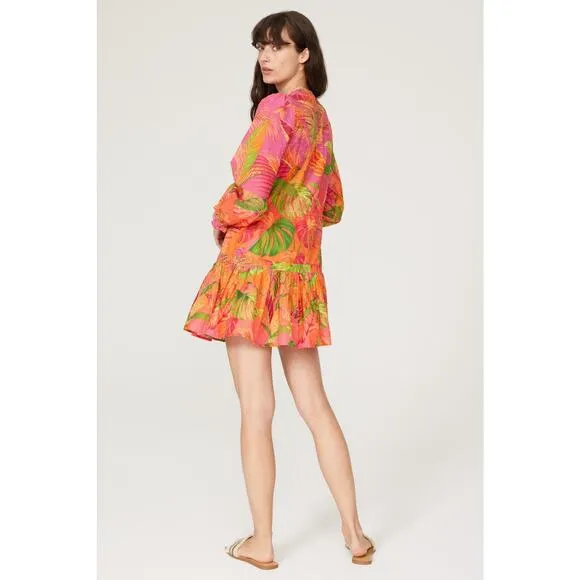 FARM RIO Pink Orange Floral Cotton A-Line Tie Waist Ombre Forest Mini Dress S