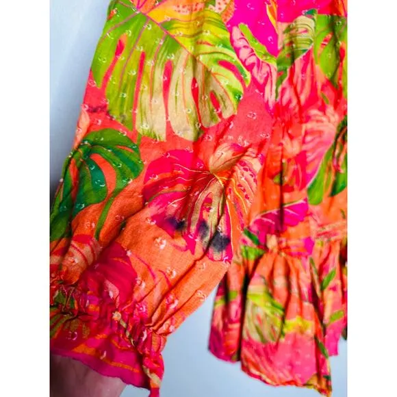 FARM RIO Pink Orange Floral Cotton A-Line Tie Waist Ombre Forest Mini Dress S