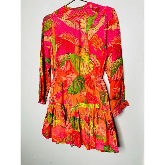 FARM RIO Pink Orange Floral Cotton A-Line Tie Waist Ombre Forest Mini Dress S