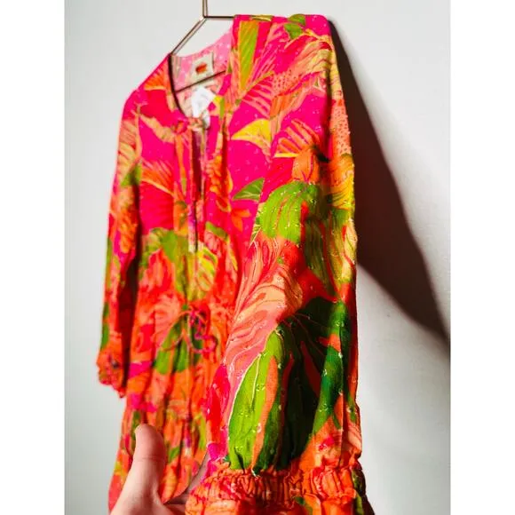 FARM RIO Pink Orange Floral Cotton A-Line Tie Waist Ombre Forest Mini Dress S