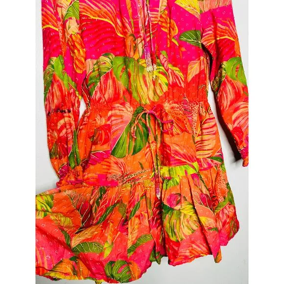 FARM RIO Pink Orange Floral Cotton A-Line Tie Waist Ombre Forest Mini Dress S