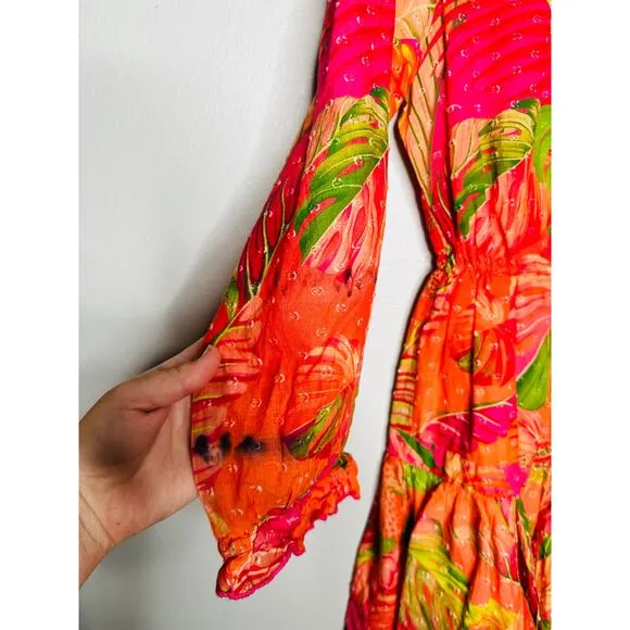 FARM RIO Pink Orange Floral Cotton A-Line Tie Waist Ombre Forest Mini Dress S