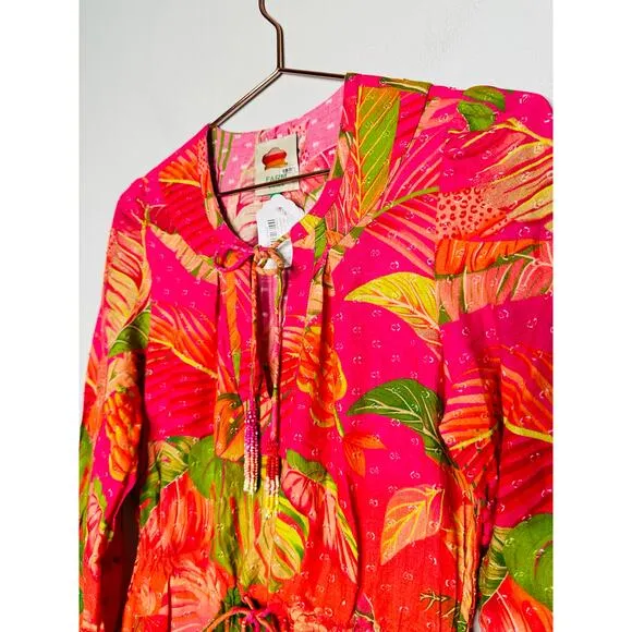 FARM RIO Pink Orange Floral Cotton A-Line Tie Waist Ombre Forest Mini Dress S