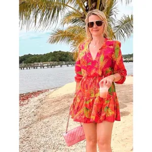 FARM RIO Pink Orange Floral Cotton A-Line Tie Waist Ombre Forest Mini Dress S