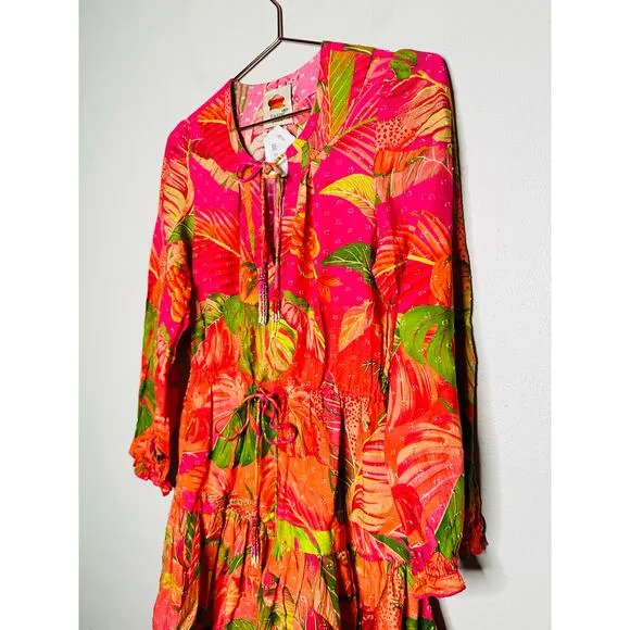 FARM RIO Pink Orange Floral Cotton A-Line Tie Waist Ombre Forest Mini Dress S