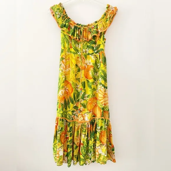 FARM RIO Tangerines Fruit Print Ruffled Midi Dress Tropical Summer Vacation XS