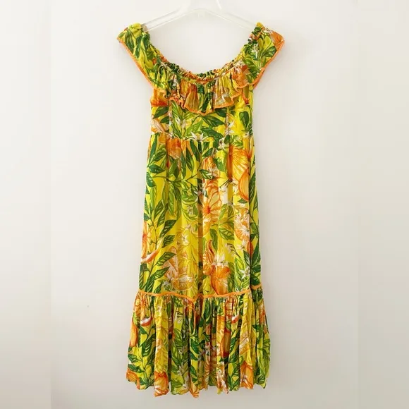 FARM RIO Tangerines Fruit Print Ruffled Midi Dress Tropical Summer Vacation XS