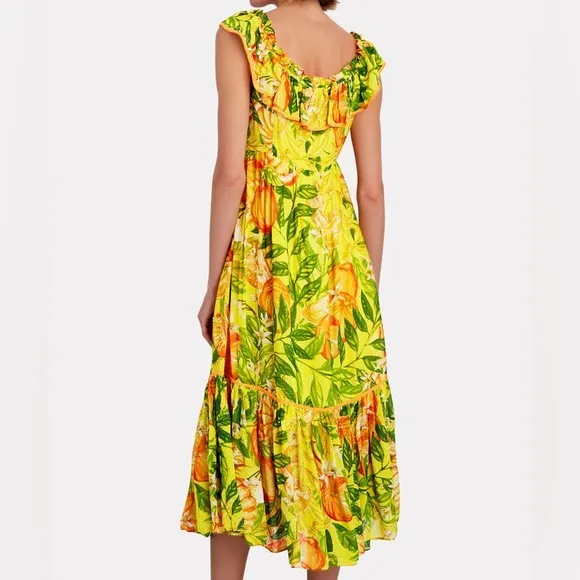 FARM RIO Tangerines Fruit Print Ruffled Midi Dress Tropical Summer Vacation XS