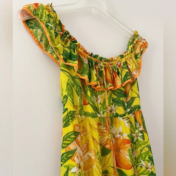 FARM RIO Tangerines Fruit Print Ruffled Midi Dress Tropical Summer Vacation XS