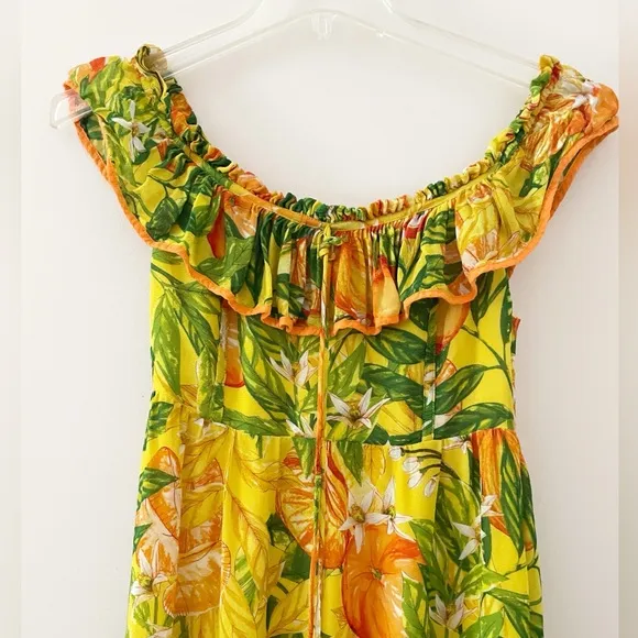 FARM RIO Tangerines Fruit Print Ruffled Midi Dress Tropical Summer Vacation XS