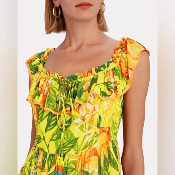 FARM RIO Tangerines Fruit Print Ruffled Midi Dress Tropical Summer Vacation XS