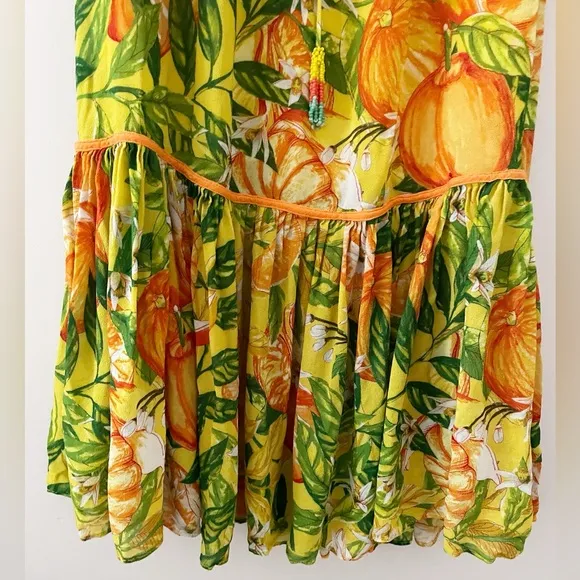 FARM RIO Tangerines Fruit Print Ruffled Midi Dress Tropical Summer Vacation XS