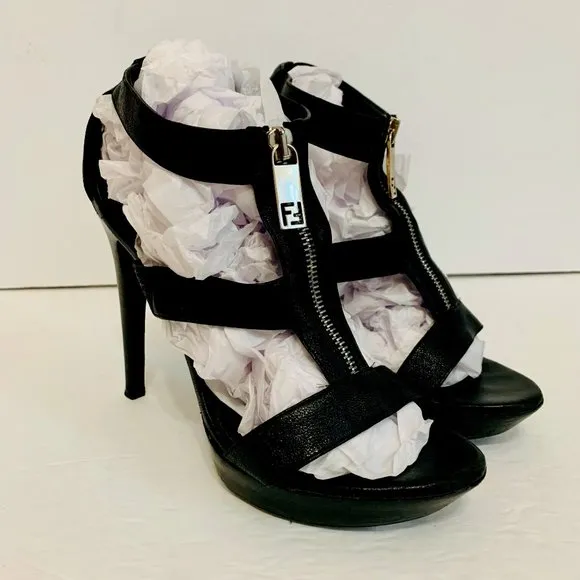 FENDI CAGE LEATHER STRAPPY HIGH HEELS SANDALS MADE IN ITALY