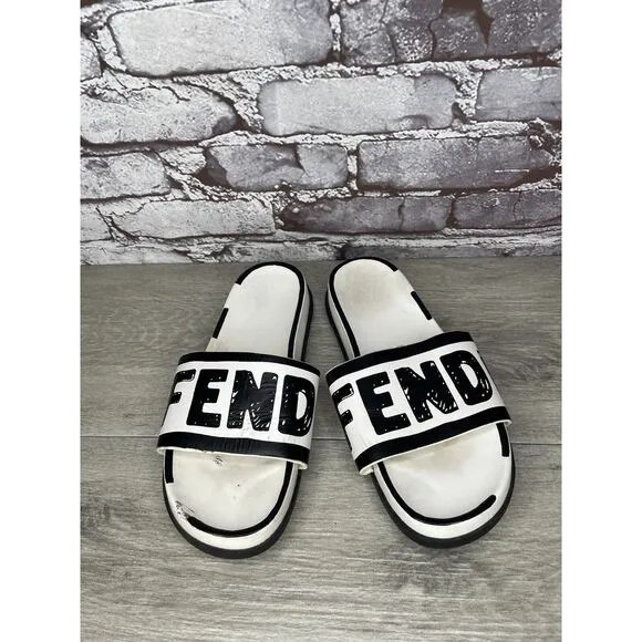 Fendi Joshua Vides Black Leather Logo Mule Slides Flat Sandals Women Sz 39EU