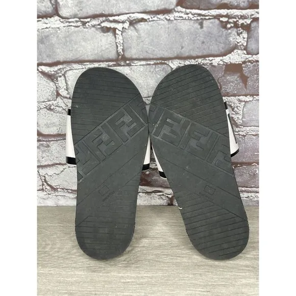 Fendi Joshua Vides Black Leather Logo Mule Slides Flat Sandals Women Sz 39EU