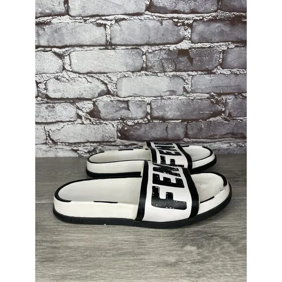 Fendi Joshua Vides Black Leather Logo Mule Slides Flat Sandals Women Sz 39EU