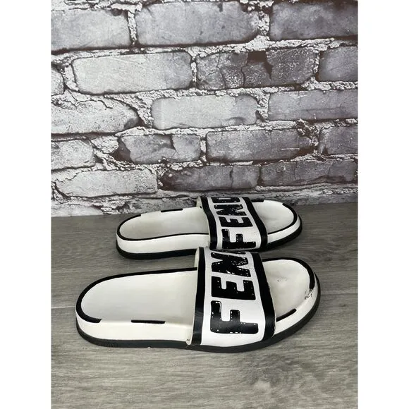 Fendi Joshua Vides Black Leather Logo Mule Slides Flat Sandals Women Sz 39EU