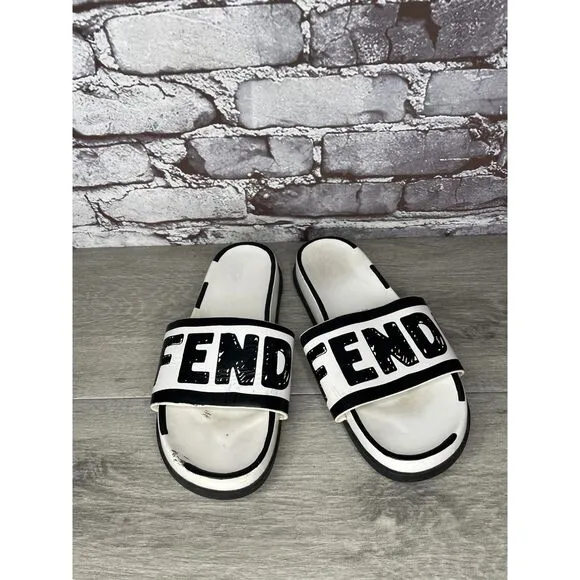 Fendi Joshua Vides Black Leather Logo Mule Slides Flat Sandals Women Sz 39EU