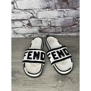 Fendi Joshua Vides Black Leather Logo Mule Slides Flat Sandals Women Sz 39EU
