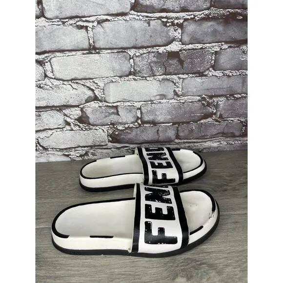 Fendi Joshua Vides Black Leather Logo Mule Slides Flat Sandals Women Sz 39EU