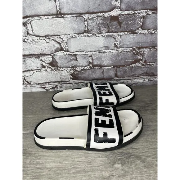 Fendi Joshua Vides Black Leather Logo Mule Slides Flat Sandals Women Sz 39EU