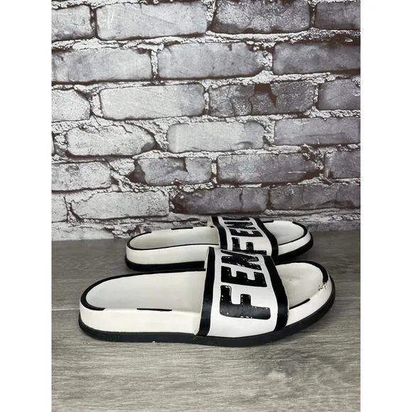 Fendi Joshua Vides Black Leather Logo Mule Slides Flat Sandals Women Sz 39EU