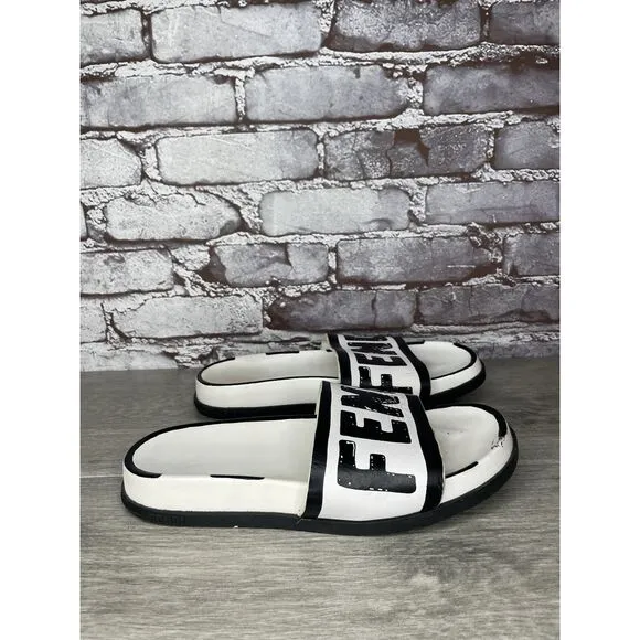 Fendi Joshua Vides Black Leather Logo Mule Slides Flat Sandals Women Sz 39EU