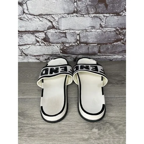 Fendi Joshua Vides Black Leather Logo Mule Slides Flat Sandals Women Sz 39EU