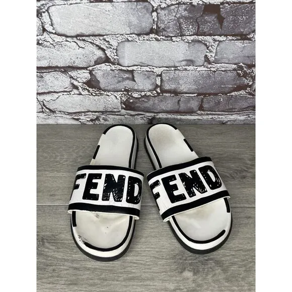 Fendi Joshua Vides Black Leather Logo Mule Slides Flat Sandals Women Sz 39EU