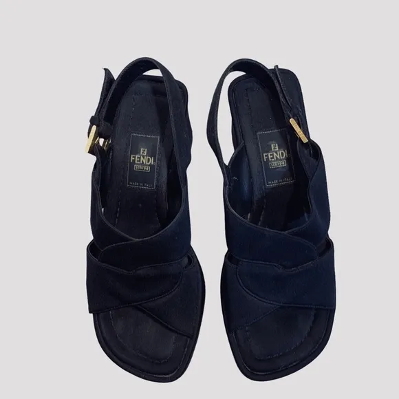 FENDI VINTAGE Y2K BLACK PLATFORM SANDALS WEDGE SLIP ON SHOE SANDAL